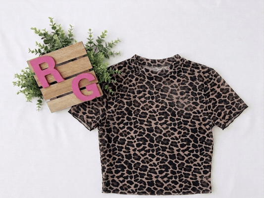 Khaki Leopard Print Sheer Mesh Short Sleeve Top - Rhett and Grace Co.